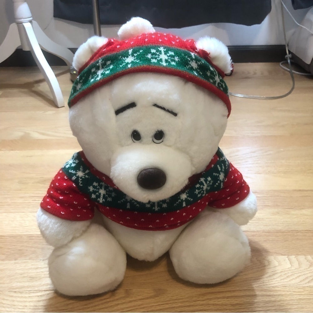 Vintage Reading China & Glass White Stuffed Bear Christmas Red Green Hood